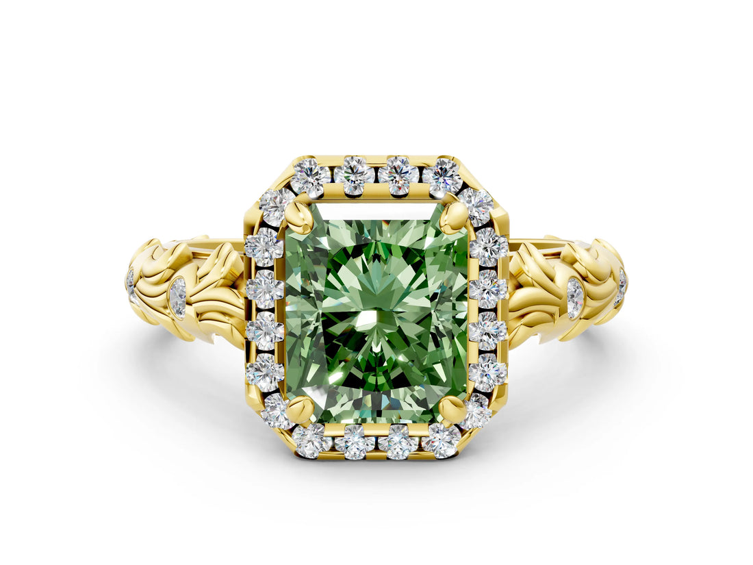 Yellow gold Fancy Green Radiant Cut Halo Diamond Solitaire with Filigree Band and Four-Prong Setting