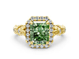 Yellow gold Fancy Green Radiant Cut Halo Diamond Solitaire with Filigree Band and Four-Prong Setting
