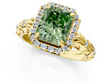 Yellow gold Fancy Green Radiant Cut Halo Diamond Solitaire with Filigree Band and Four-Prong Setting_1