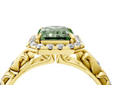 Yellow gold Fancy Green Radiant Cut Halo Diamond Solitaire with Filigree Band and Four-Prong Setting_4