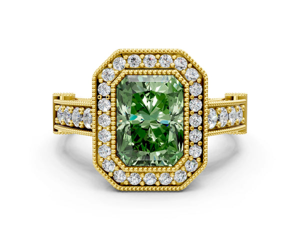 Yellow Gold Radiant Cut Vintage Bezel Halo Engagement Ring Setting for Fancy Green Center