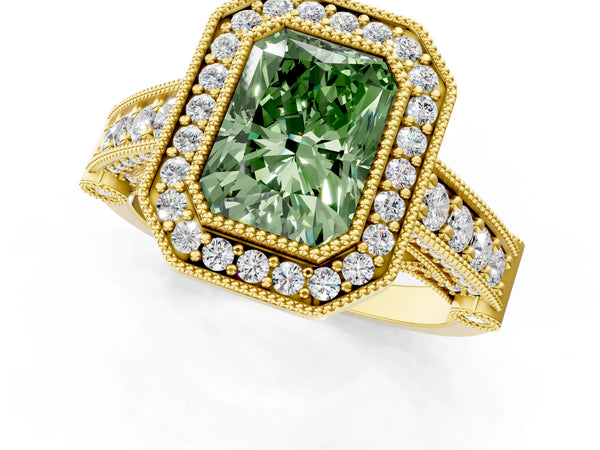 Yellow Gold Radiant Cut Vintage Bezel Halo Engagement Ring Setting for Fancy Green Center