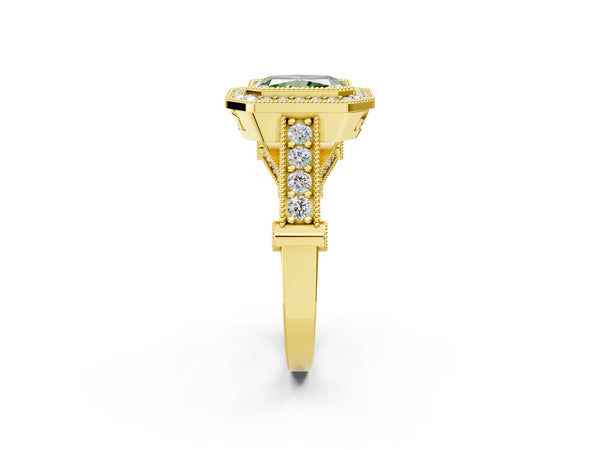 Yellow Gold Radiant Cut Vintage Bezel Halo Engagement Ring Setting for Fancy Green Center