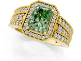 Yellow gold Fancy Green Radiant Cut Halo Diamond Split Shank Ring with Prong Setting_1