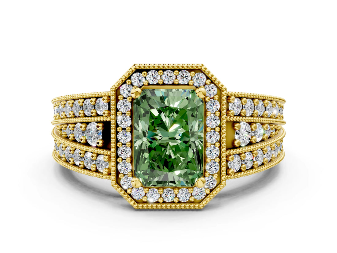 Yellow gold Fancy Green Radiant Cut Halo Diamond Split Shank Ring with Prong Setting_6