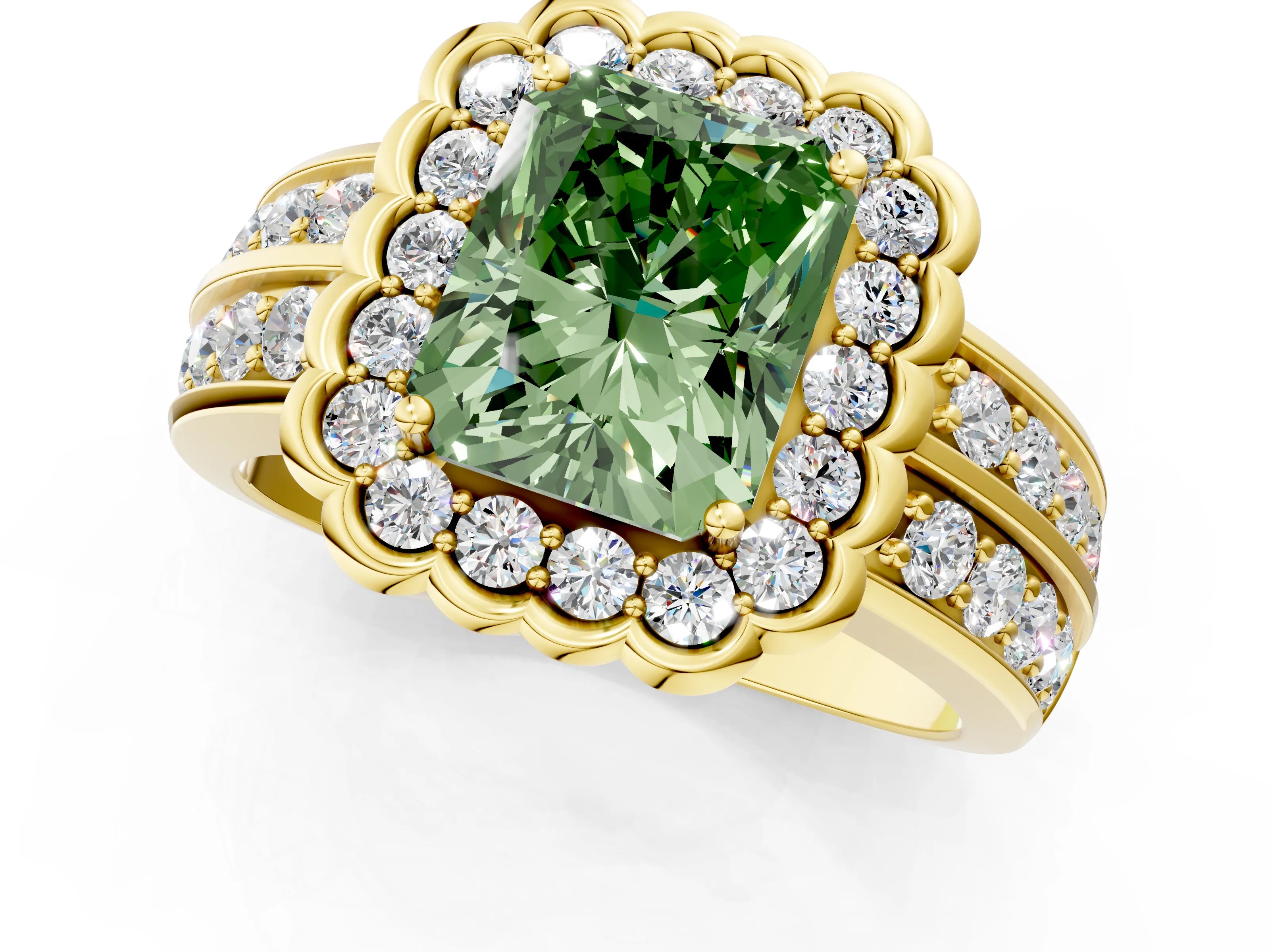 Yellow gold Fancy Green Radiant Cut Halo Diamond Split Shank Ring with Scalloped Prong Setting_1