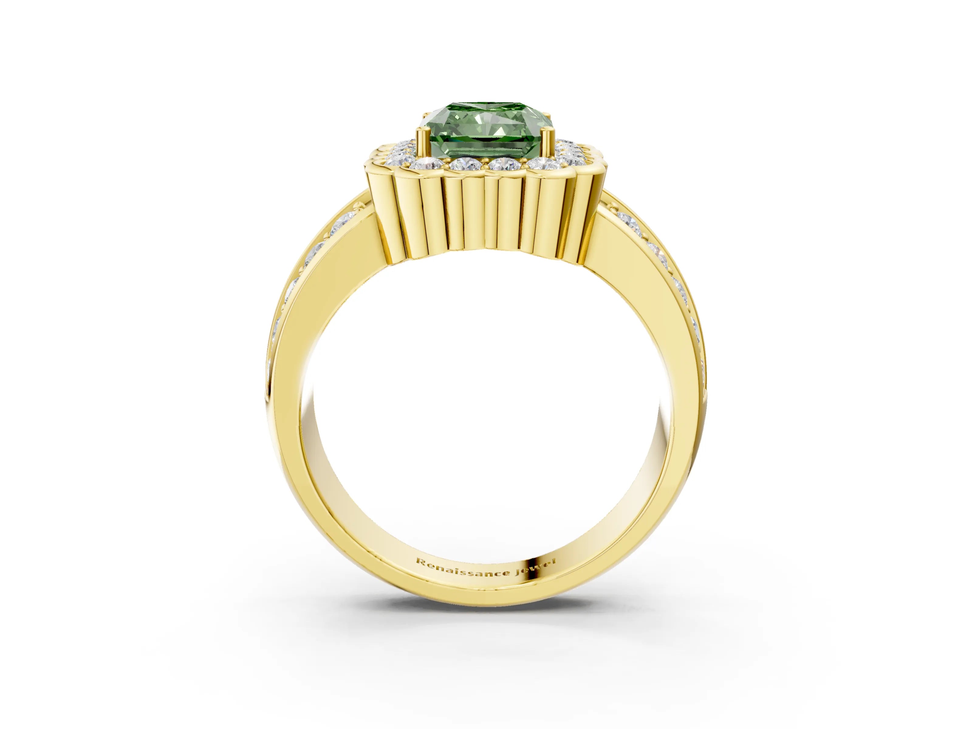 Yellow gold Fancy Green Radiant Cut Halo Diamond Split Shank Ring with Scalloped Prong Setting_3