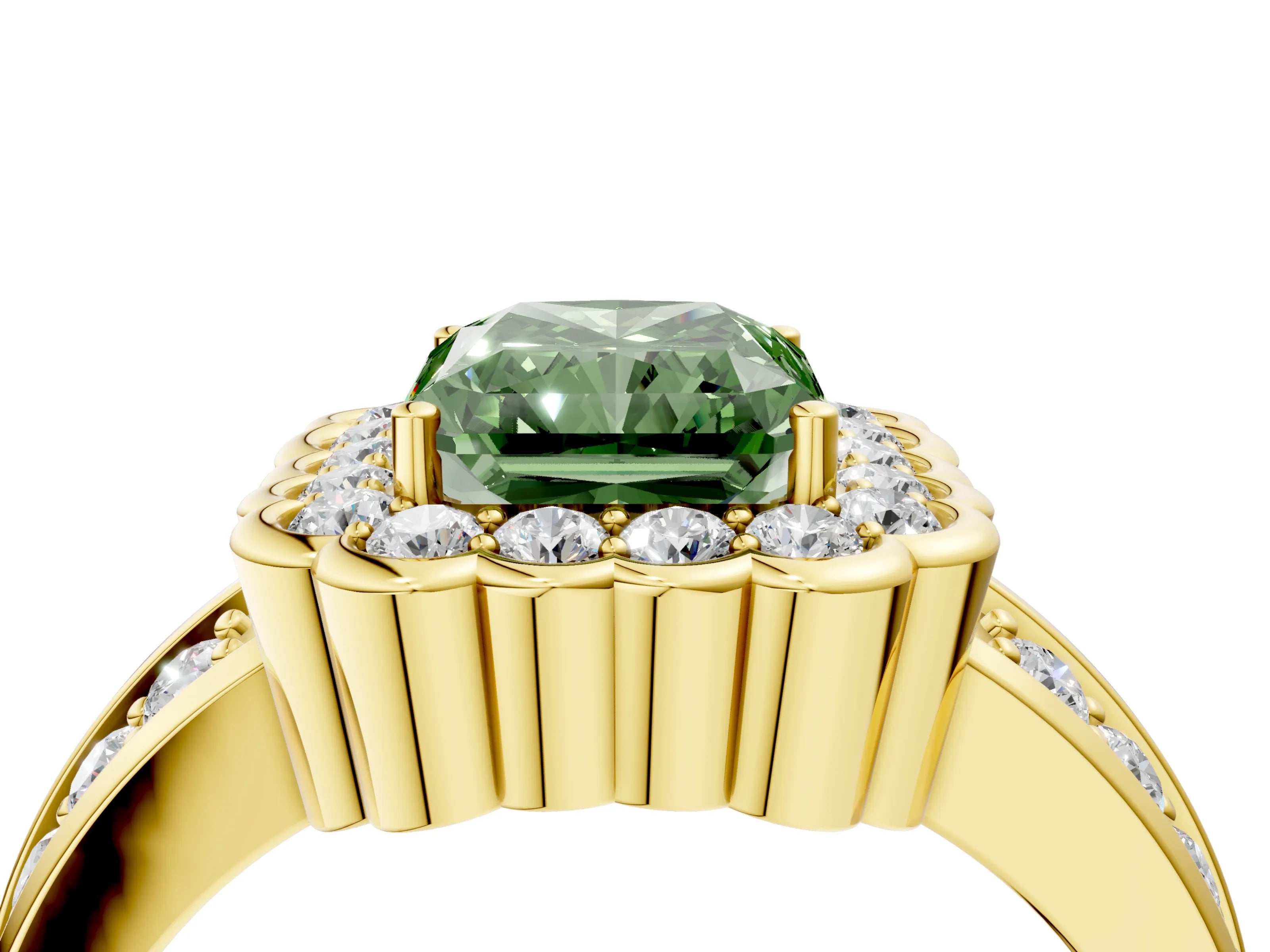 Yellow gold Fancy Green Radiant Cut Halo Diamond Split Shank Ring with Scalloped Prong Setting_4