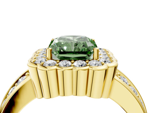 Yellow gold Fancy Green Radiant Cut Halo Diamond Split Shank Ring with Scalloped Prong Setting_4
