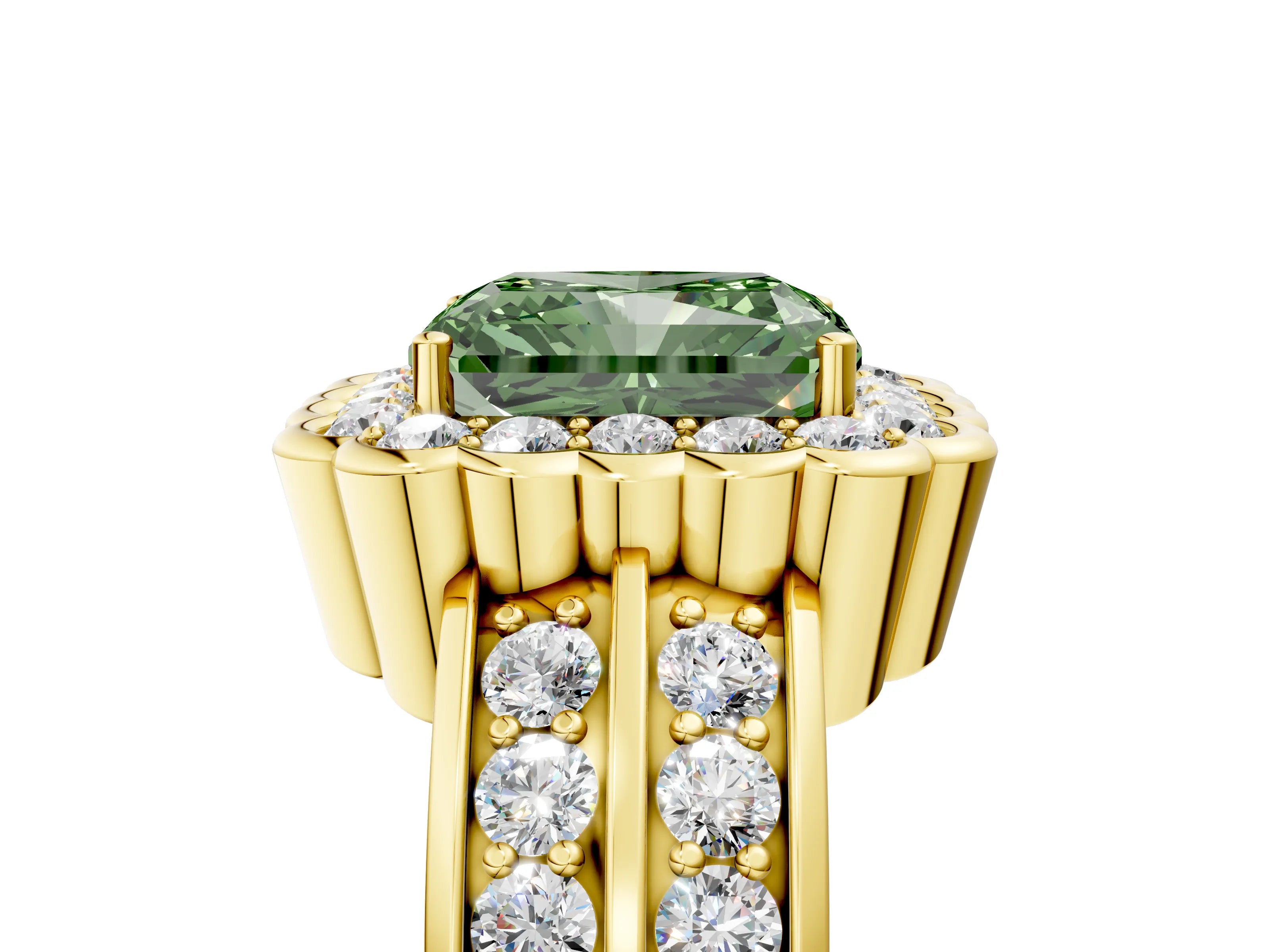 Yellow gold Fancy Green Radiant Cut Halo Diamond Split Shank Ring with Scalloped Prong Setting_5