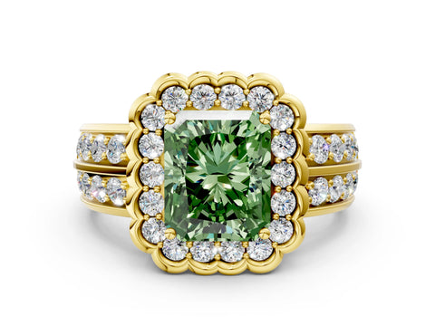 Yellow gold Fancy Green Radiant Cut Halo Diamond Split Shank Ring with Scalloped Prong Setting