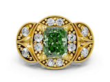 Yellow gold Fancy Green Radiant Cut Halo Milgrain Diamond Engagement Ring with Leaf Band and Four-Prong Setting