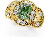 Yellow gold Fancy Green Radiant Cut Halo Milgrain Diamond Engagement Ring with Leaf Band and Four-Prong Setting_1