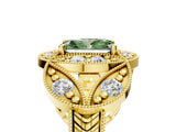 Yellow gold Fancy Green Radiant Cut Halo Milgrain Diamond Engagement Ring with Leaf Band and Four-Prong Setting_5