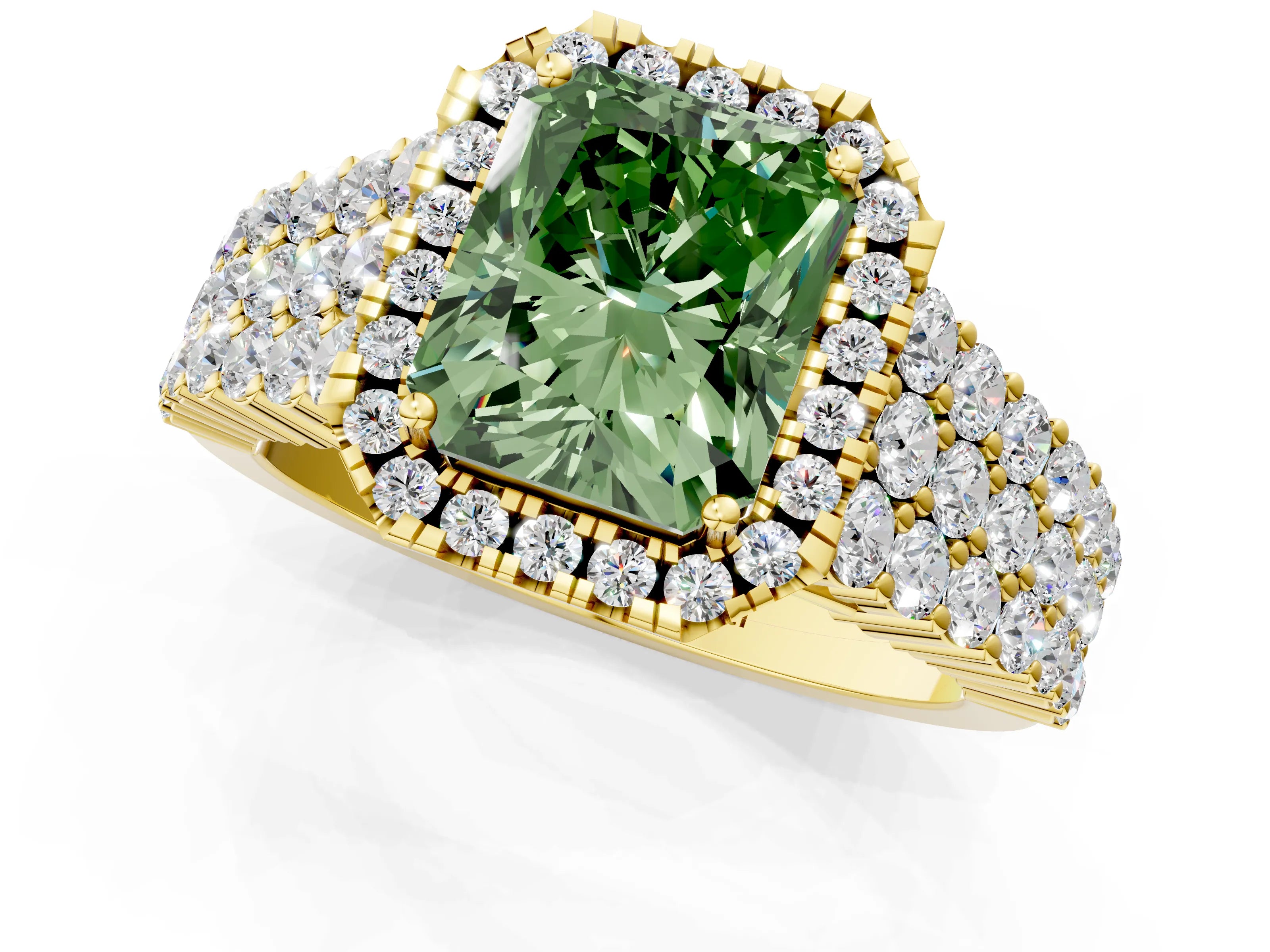 Yellow gold Fancy Green Radiant Cut Halo Pavé Diamond Engagement Ring with Split Shank and Four-Prong Setting_4