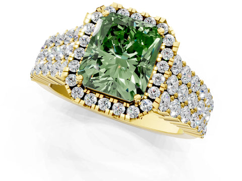 Yellow gold Fancy Green Radiant Cut Halo Pavé Diamond Engagement Ring with Split Shank and Four-Prong Setting_4