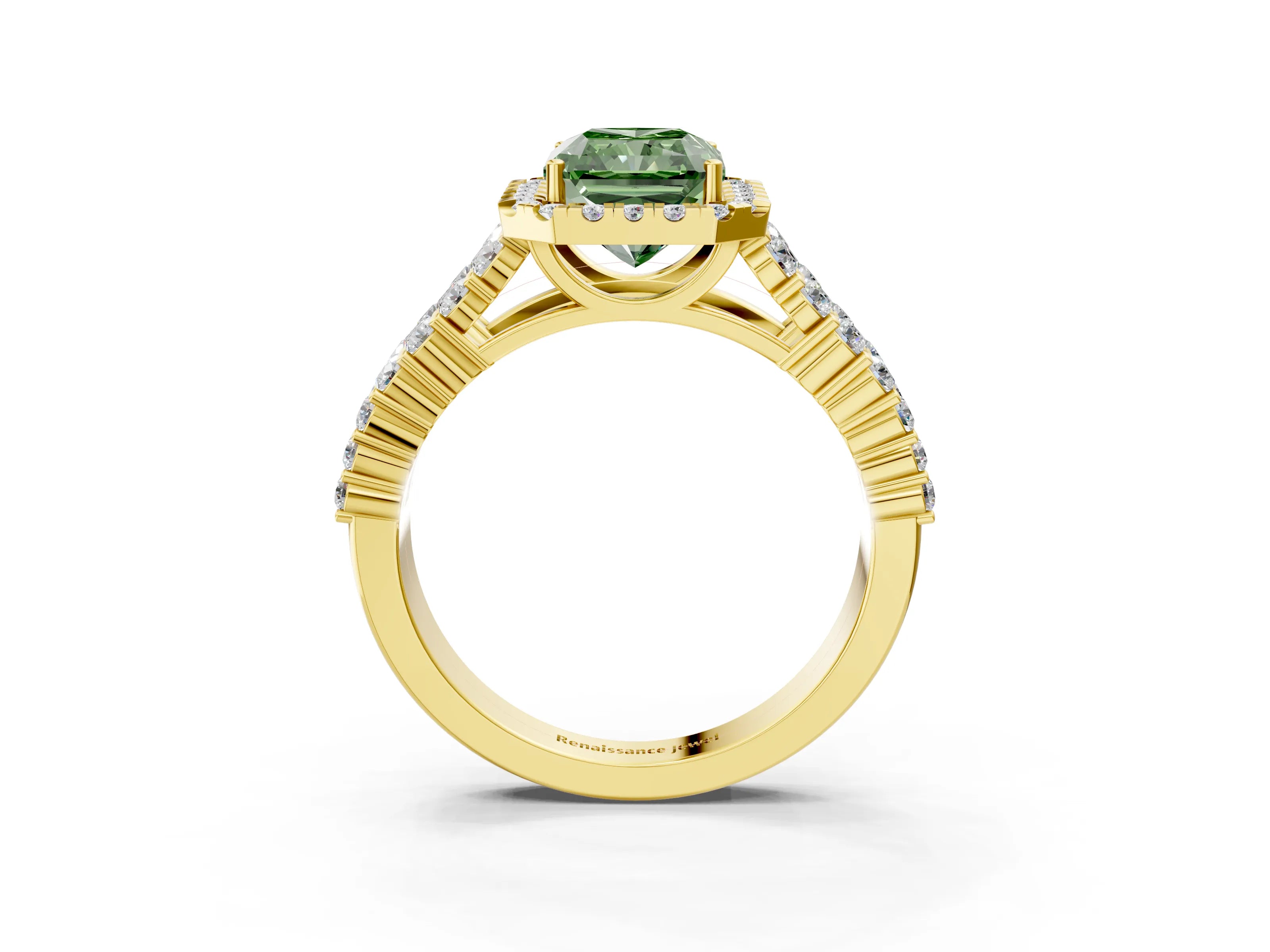 Yellow gold Fancy Green Radiant Cut Halo Pavé Diamond Engagement Ring with Split Shank and Four-Prong Setting_6