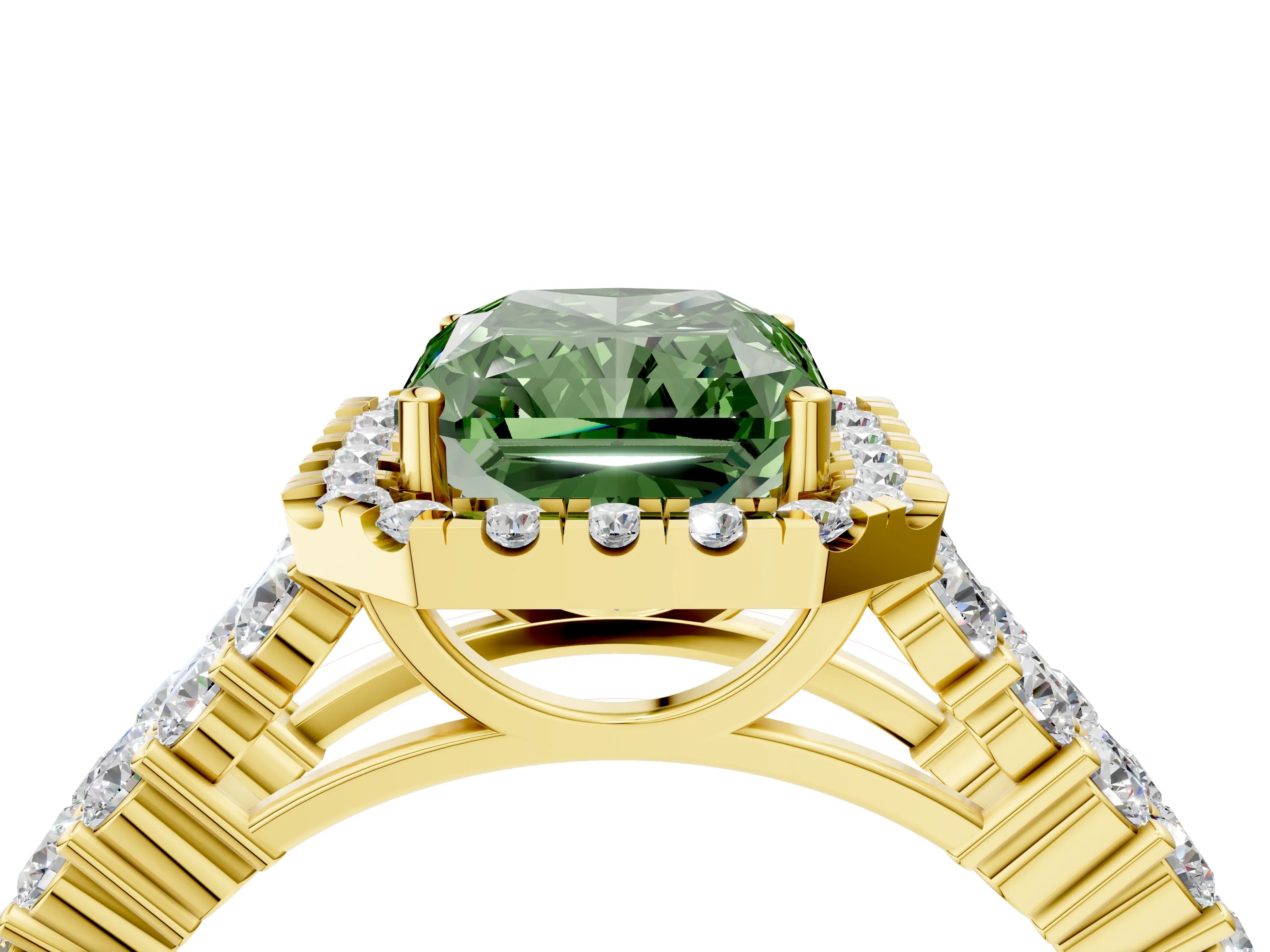 Yellow gold Fancy Green Radiant Cut Halo Pavé Diamond Engagement Ring with Split Shank and Four-Prong Setting_7