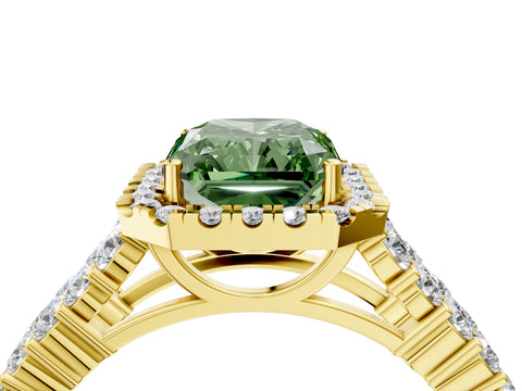 Yellow gold Fancy Green Radiant Cut Halo Pavé Diamond Engagement Ring with Split Shank and Four-Prong Setting_7