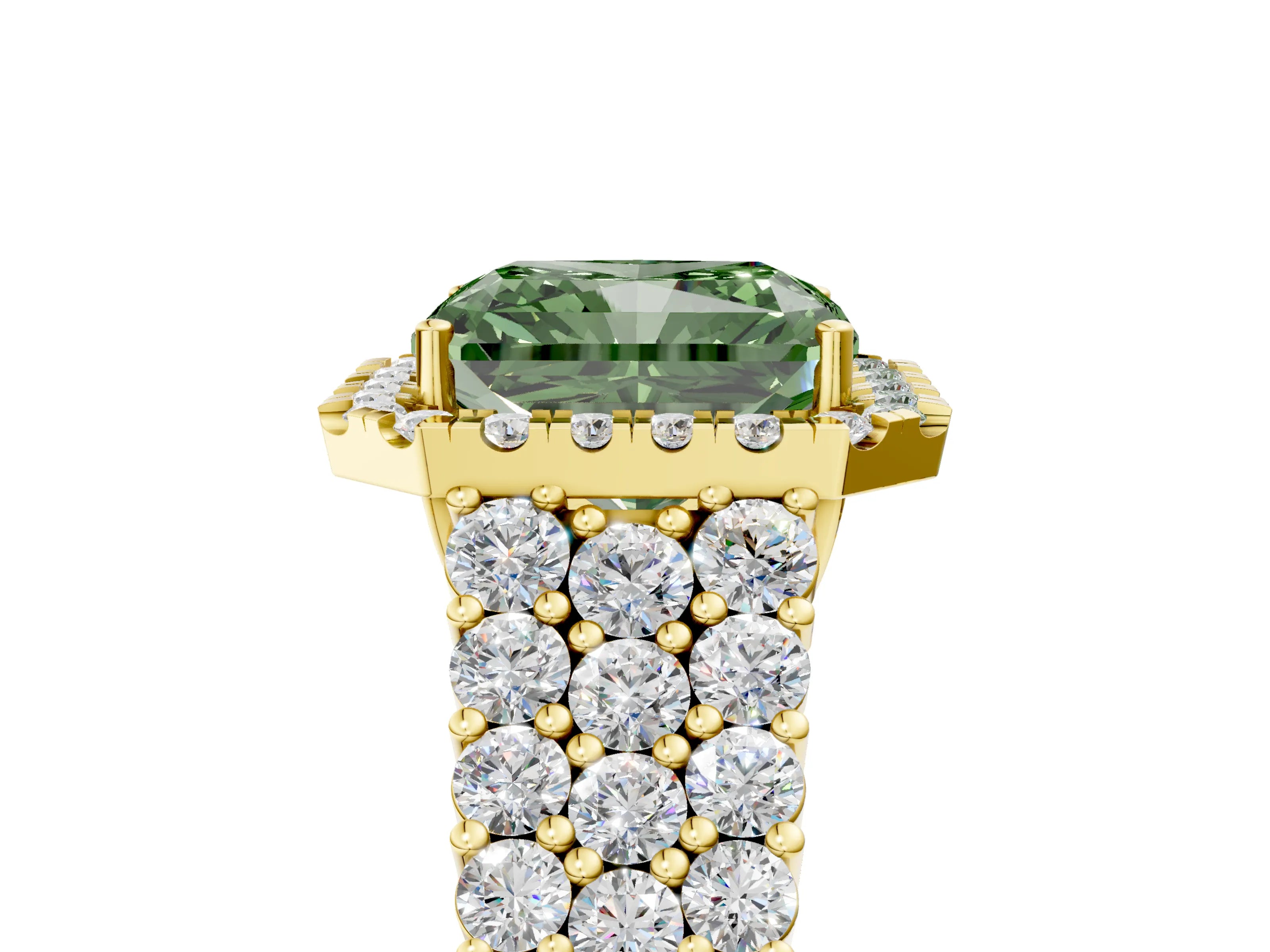Yellow gold Fancy Green Radiant Cut Halo Pavé Diamond Engagement Ring with Split Shank and Four-Prong Setting_8