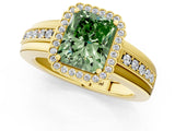 Yellow gold Fancy Green Radiant  Cut Halo Pave Band Four-Prong Ring_50