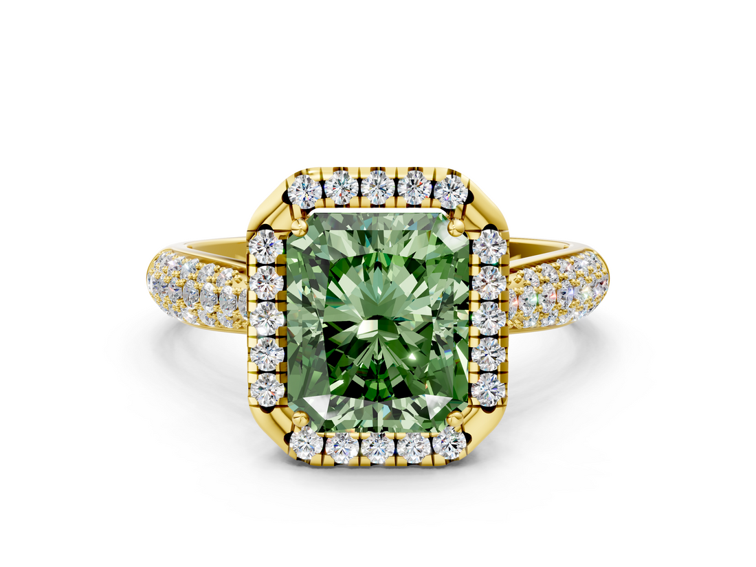 Yellow gold Fancy Green Radiant  Cut Halo Pave Band Four-Prong Setting Ring_20