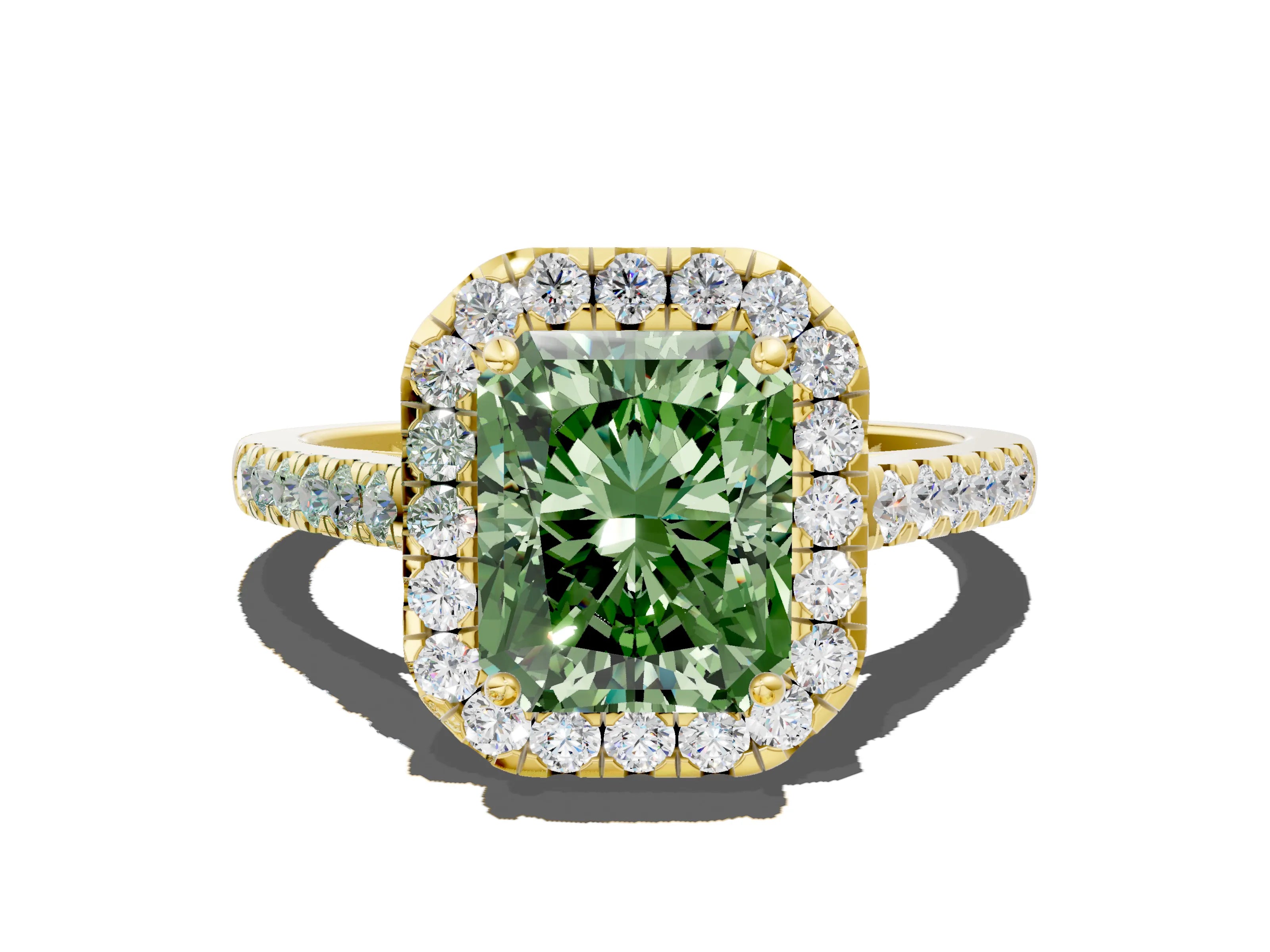 Yellow gold Fancy Green Radiant Cut Halo Pave Diamond Engagement Ring with Four-Prong Setting