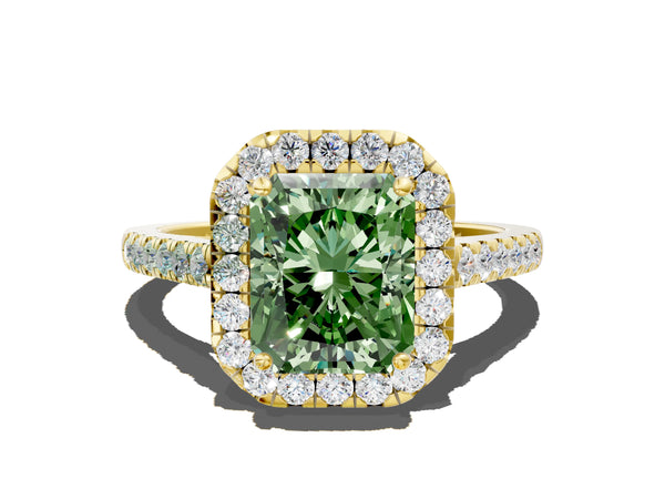 Yellow gold Fancy Green Radiant Cut Halo Pave Diamond Engagement Ring with Four-Prong Setting