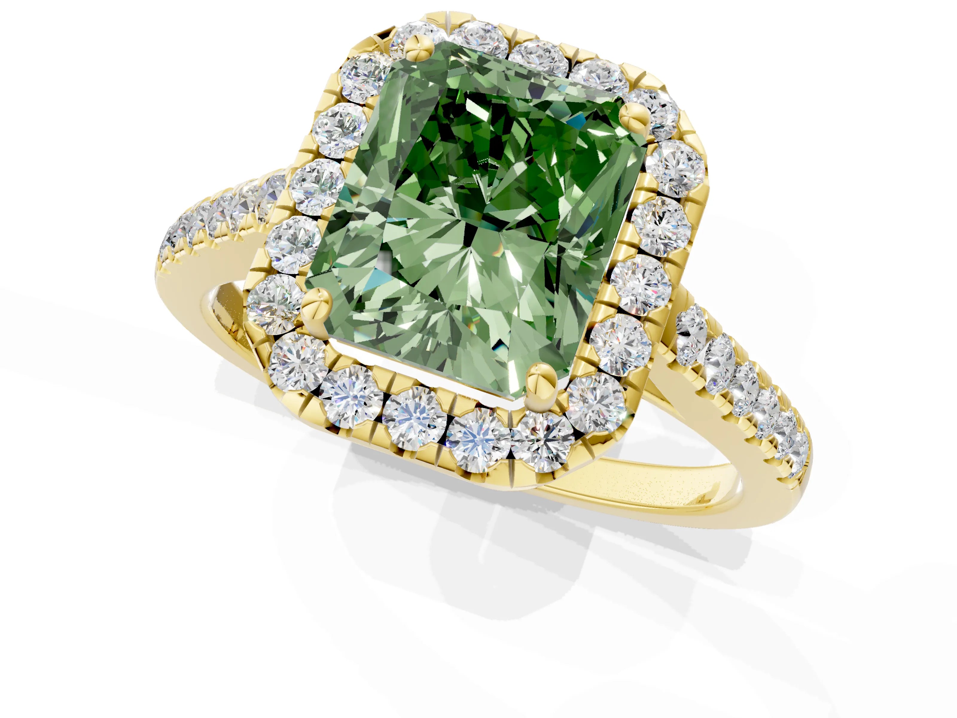 Yellow gold Fancy Green Radiant Cut Halo Pave Diamond Engagement Ring with Four-Prong Setting_1
