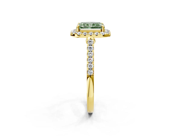 Yellow gold Fancy Green Radiant Cut Halo Pave Diamond Engagement Ring with Four-Prong Setting