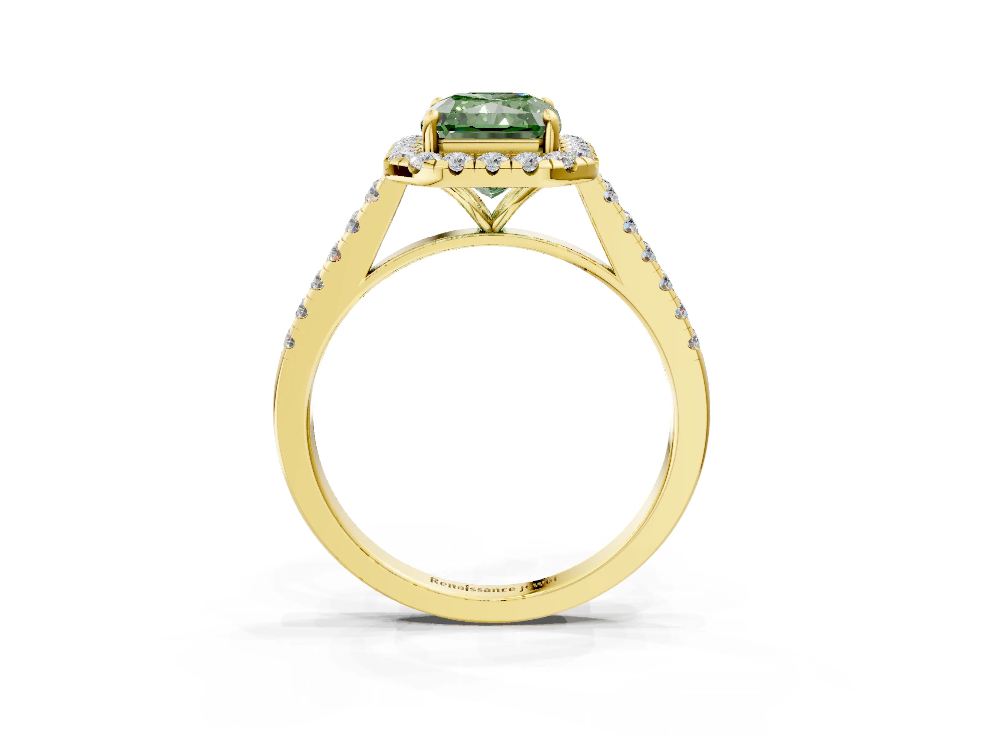 Yellow gold Fancy Green Radiant Cut Halo Pave Diamond Engagement Ring with Four-Prong Setting_3