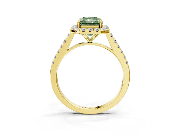 Yellow gold Fancy Green Radiant Cut Halo Pave Diamond Engagement Ring with Four-Prong Setting