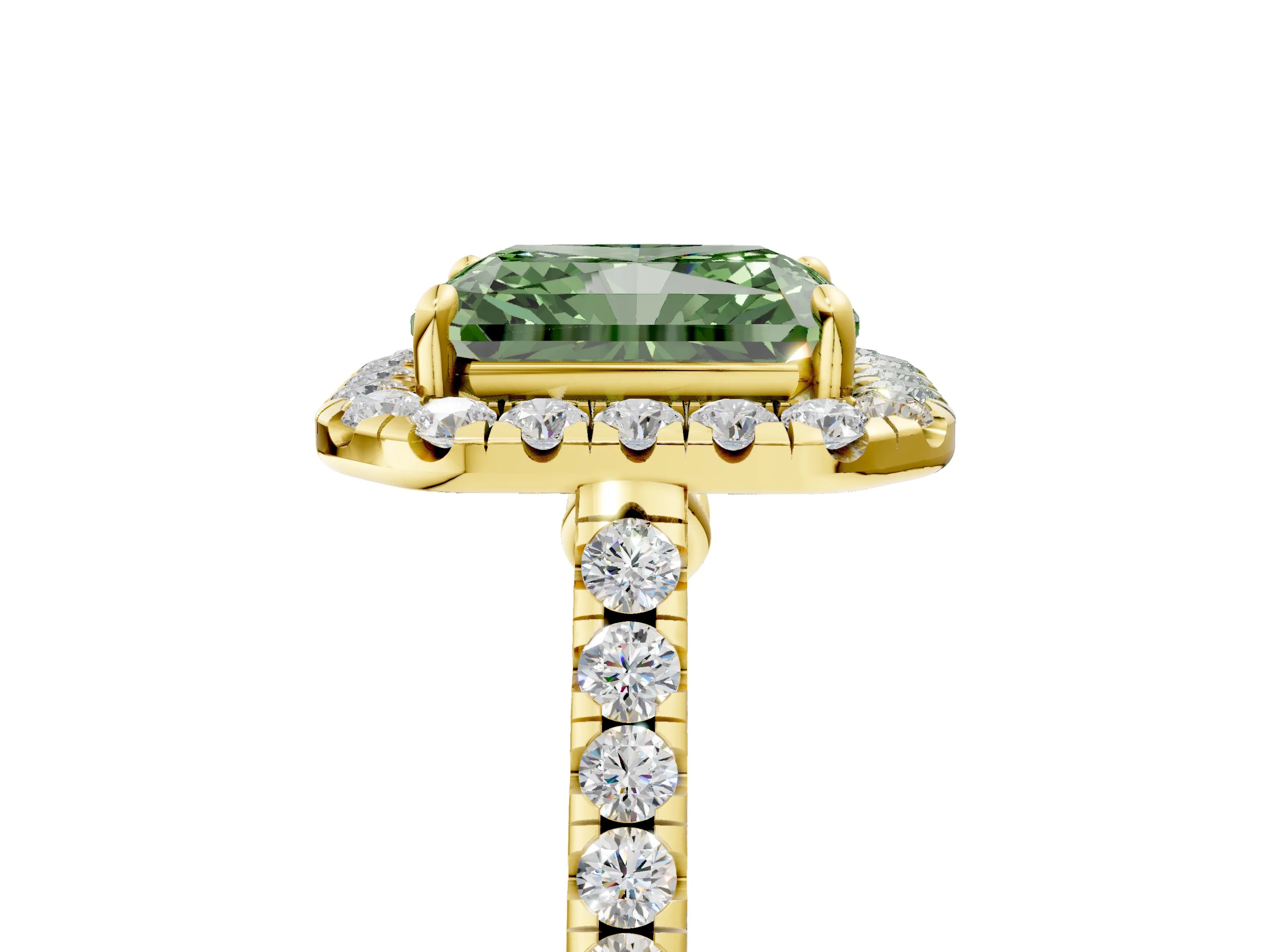 Yellow gold Fancy Green Radiant Cut Halo Pave Diamond Engagement Ring with Four-Prong Setting_5