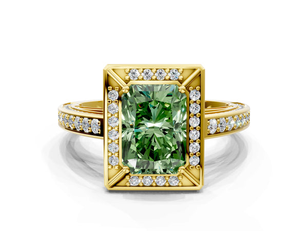 Yellow gold Fancy Green Radiant  Cut Halo Pave Split Shank Prong Setting Ring