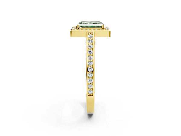 Yellow gold Fancy Green Radiant  Cut Halo Pave Split Shank Prong Setting Ring