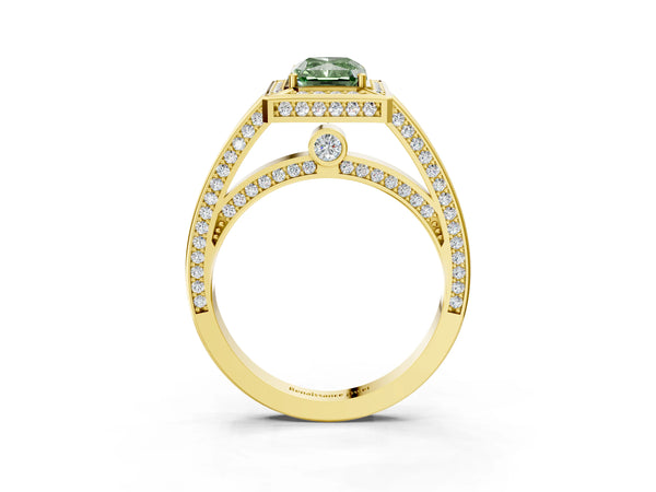 Yellow gold Fancy Green Radiant  Cut Halo Pave Split Shank Prong Setting Ring
