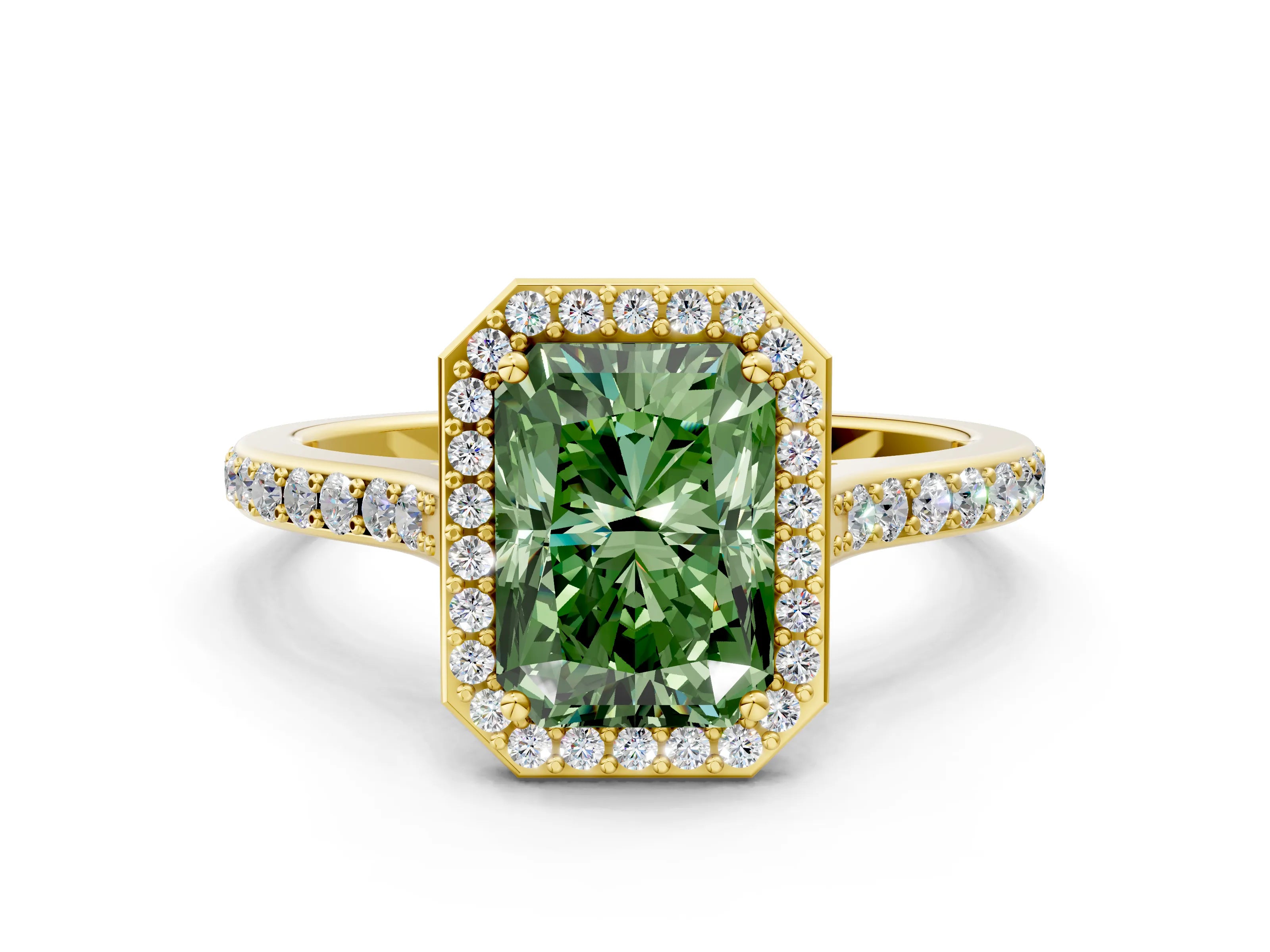 Yellow gold Fancy Green Radiant Cut Halo Round Diamond Pavé Band with Four-Prong Setting_3