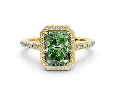 Yellow gold Fancy Green Radiant Cut Halo Round Diamond Pavé Band with Four-Prong Setting_3