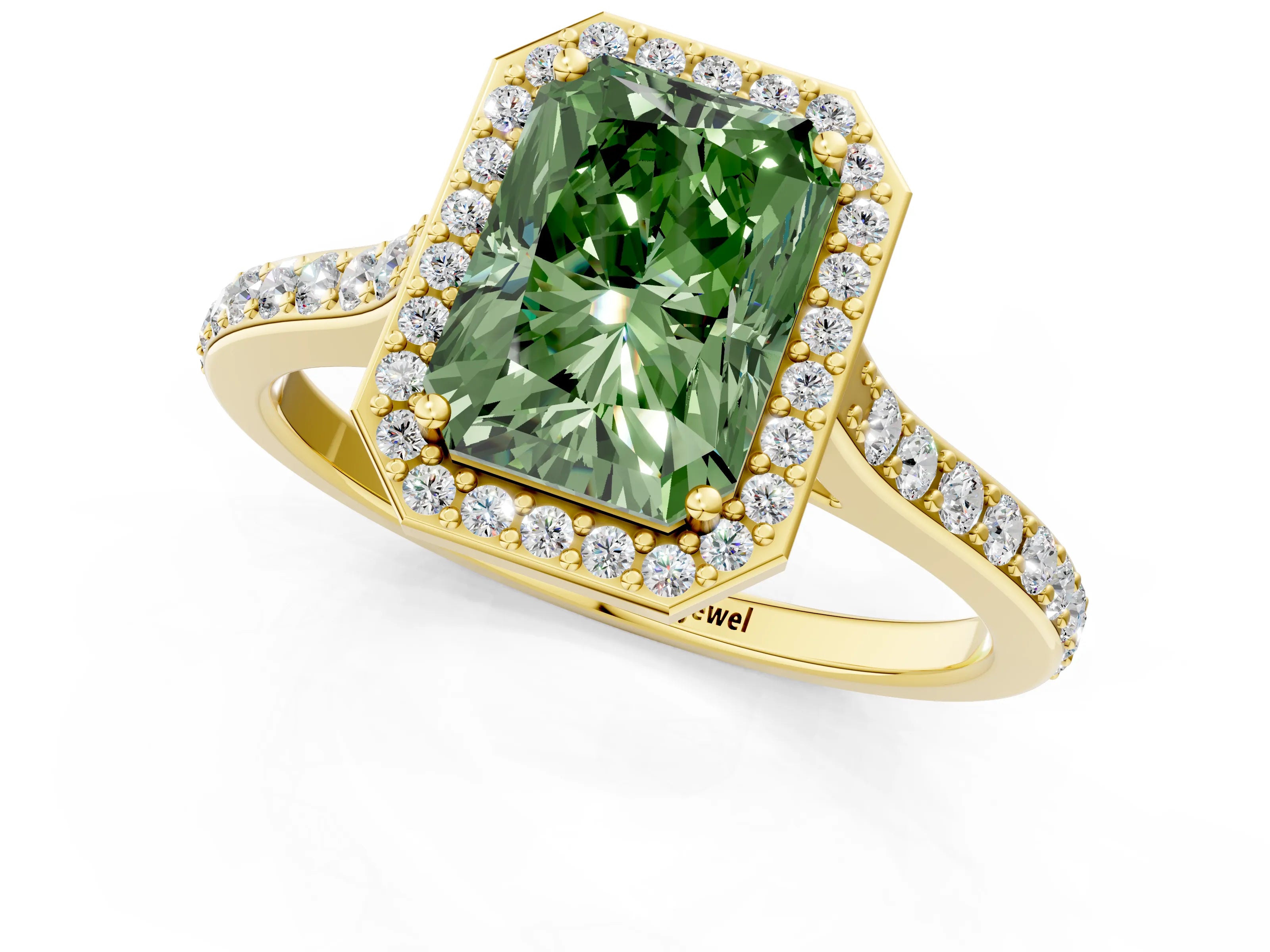 Yellow gold Fancy Green Radiant Cut Halo Round Diamond Pavé Band with Four-Prong Setting_4