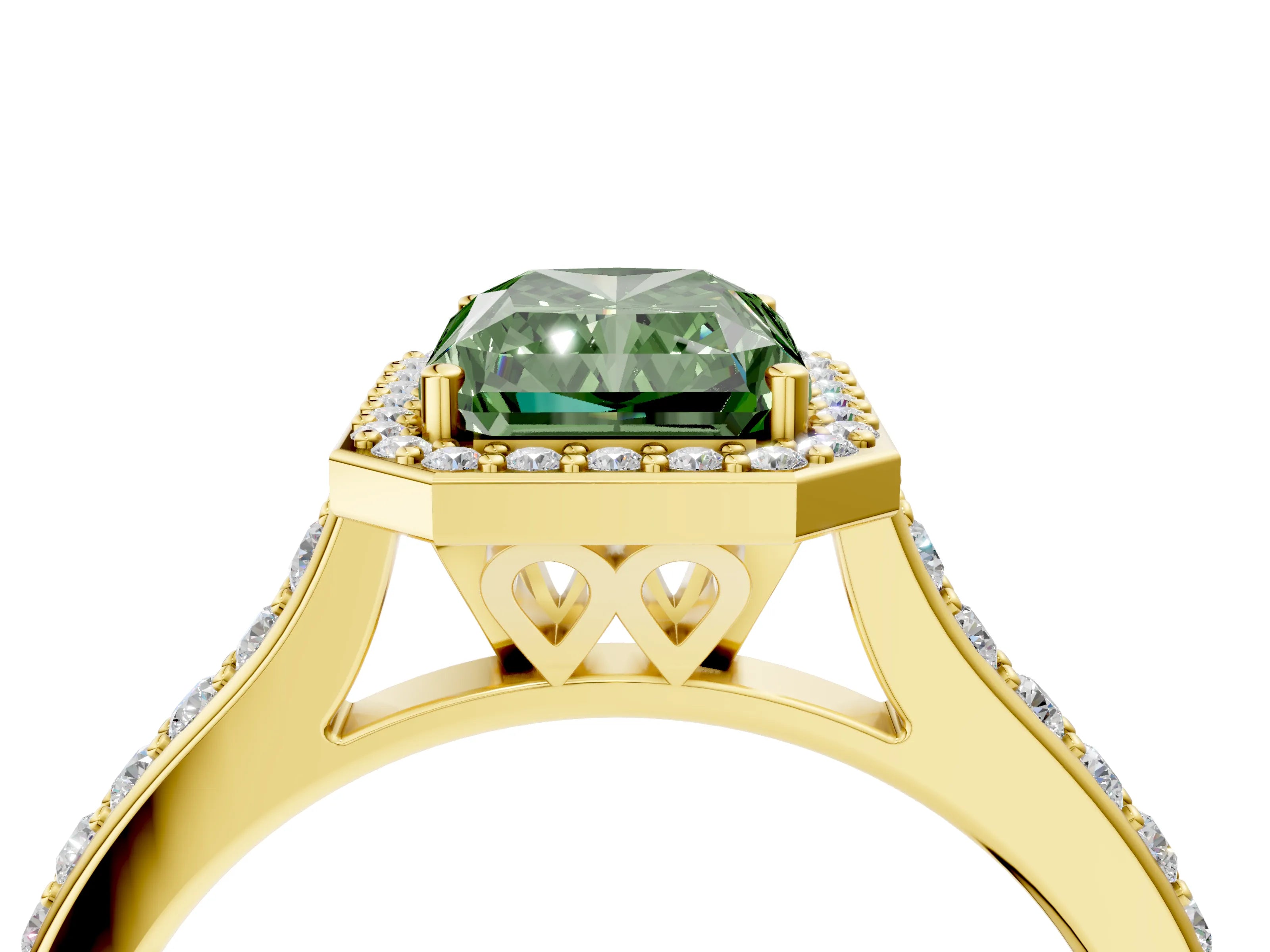 Yellow gold Fancy Green Radiant Cut Halo Round Diamond Pavé Band with Four-Prong Setting_7