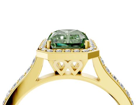 Yellow gold Fancy Green Radiant Cut Halo Round Diamond Pavé Band with Four-Prong Setting_7