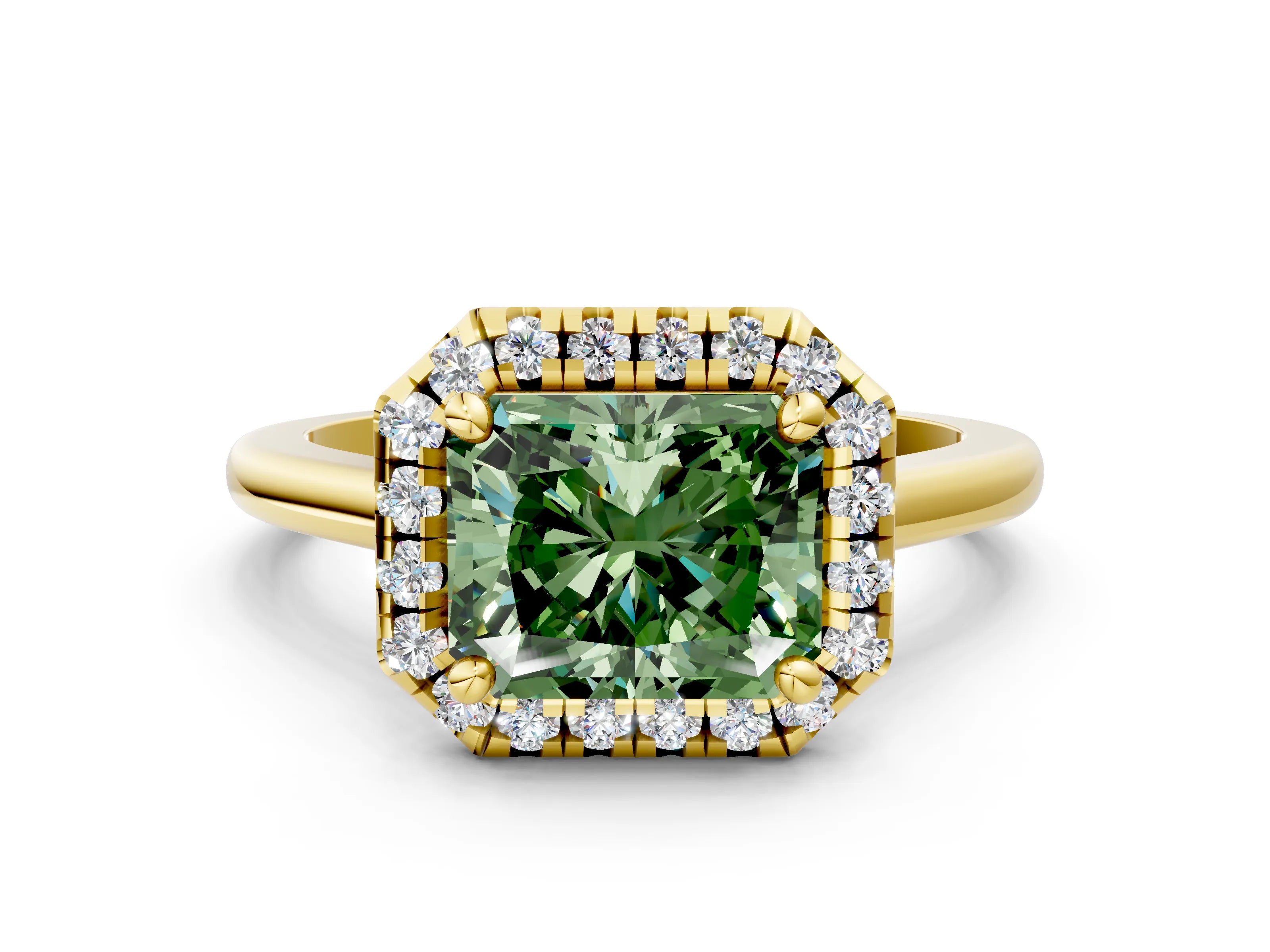 Yellow gold Fancy Green Radiant Cut Halo Round Diamond Solitaire Engagement Ring with Pave Band and Four-Prong Setting_12