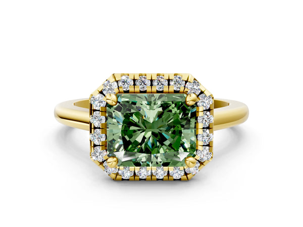 Yellow gold Fancy Green Radiant Cut Halo Round Diamond Solitaire Engagement Ring with Pave Band and Four-Prong Setting