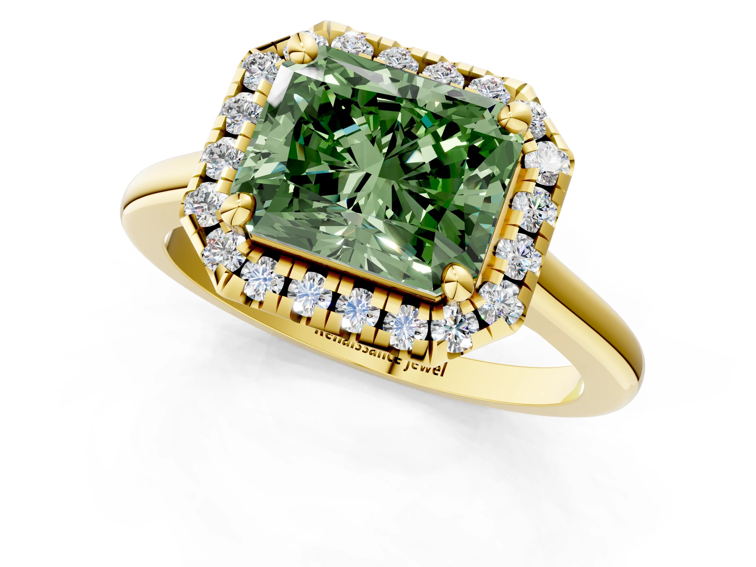 Yellow gold Fancy Green Radiant Cut Halo Round Diamond Solitaire Engagement Ring with Pave Band and Four-Prong Setting_13