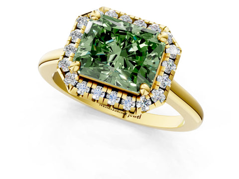 Yellow gold Fancy Green Radiant Cut Halo Round Diamond Solitaire Engagement Ring with Pave Band and Four-Prong Setting_13