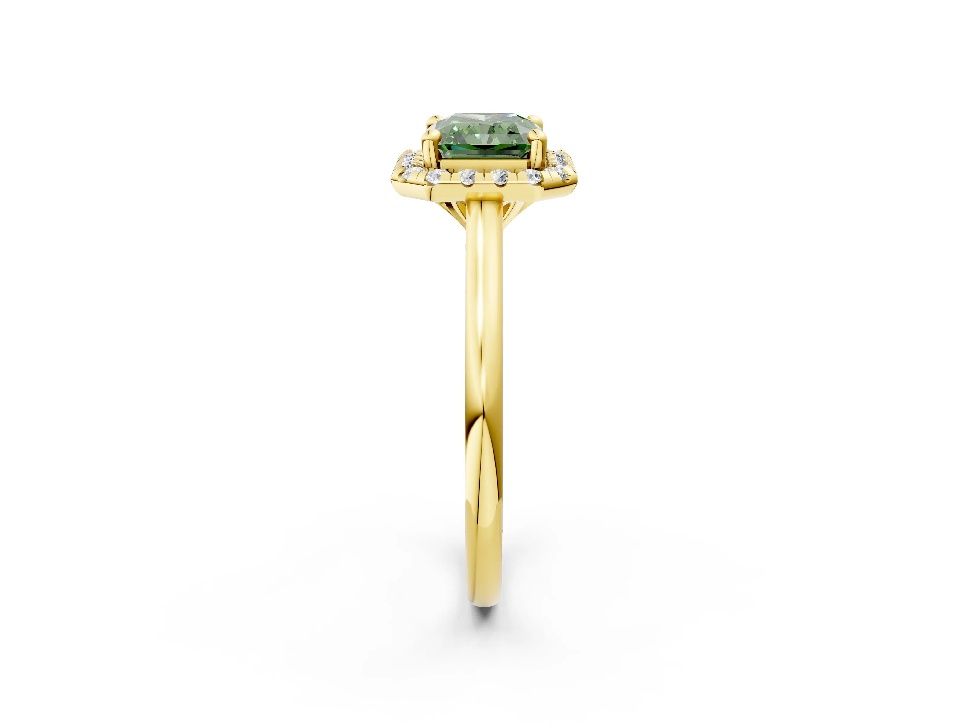 Yellow gold Fancy Green Radiant Cut Halo Round Diamond Solitaire Engagement Ring with Pave Band and Four-Prong Setting_14