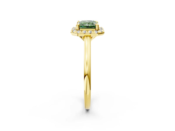 Yellow gold Fancy Green Radiant Cut Halo Round Diamond Solitaire Engagement Ring with Pave Band and Four-Prong Setting