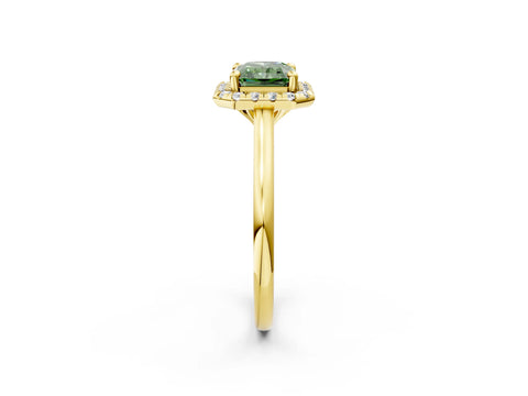 Yellow gold Fancy Green Radiant Cut Halo Round Diamond Solitaire Engagement Ring with Pave Band and Four-Prong Setting_14