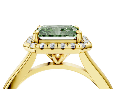 Yellow gold Fancy Green Radiant Cut Halo Round Diamond Solitaire Engagement Ring with Pave Band and Four-Prong Setting_16