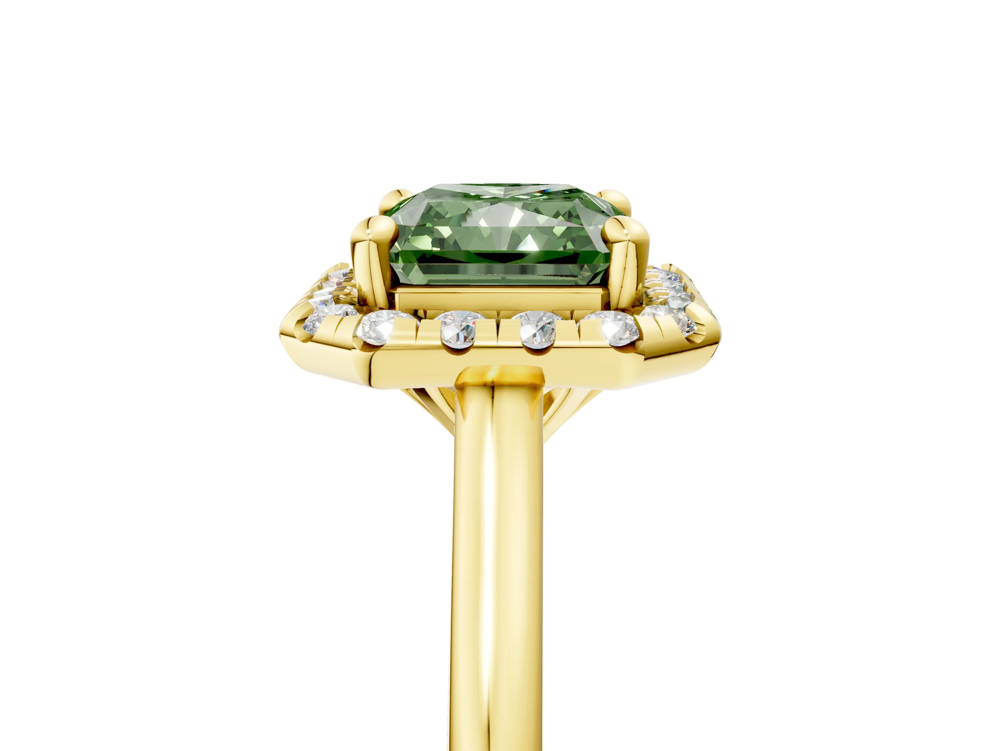 Yellow gold Fancy Green Radiant Cut Halo Round Diamond Solitaire Engagement Ring with Pave Band and Four-Prong Setting_17